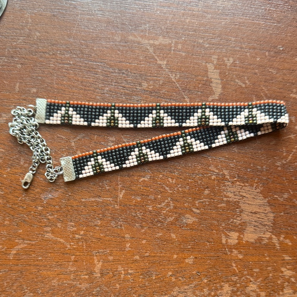 Beaded Triangle Pattern Choker - Black, White & Orange